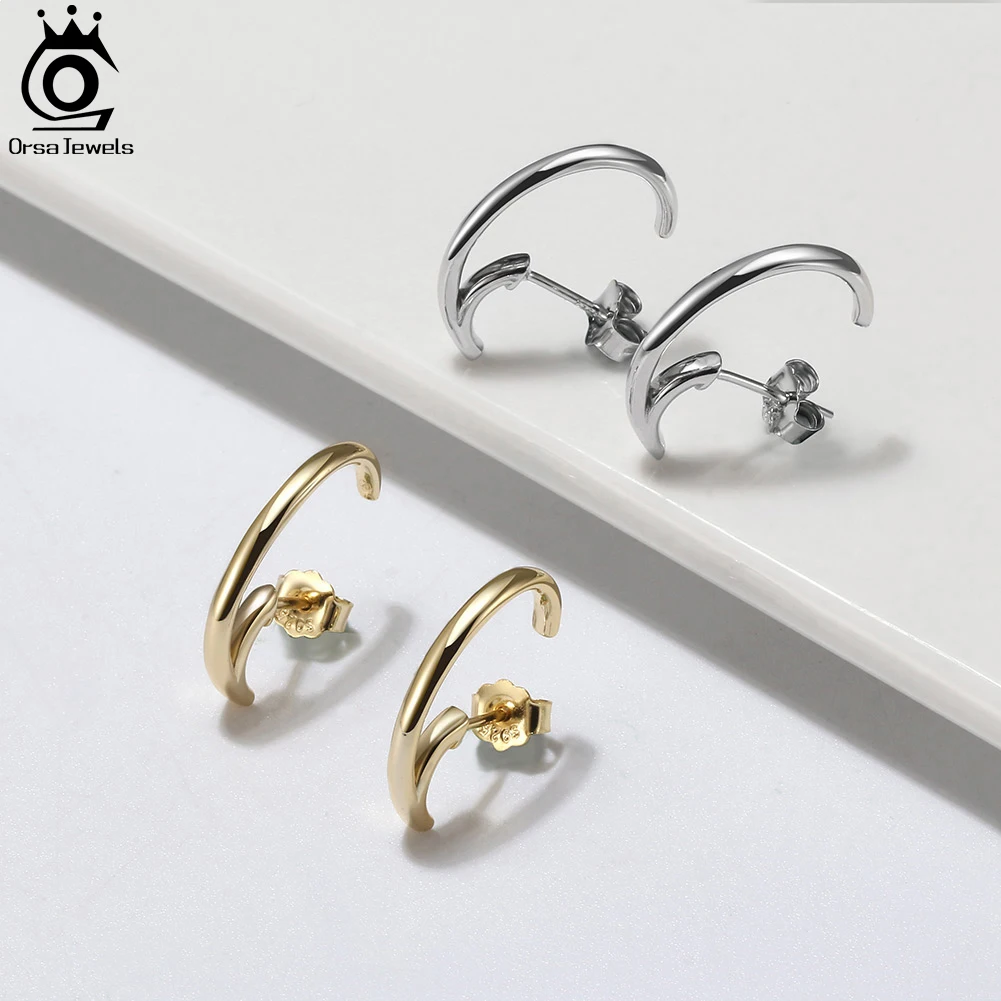 ORSA JEWELS Real 925 Sterling Silver Simple C-Shaped Earrings for Women Handmade Elegant Hoop Half Earring Party Jewelry SE388