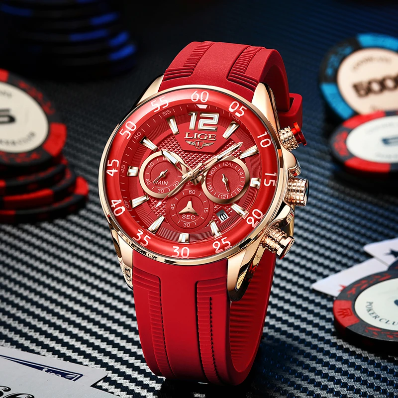 LIGE Luxury Fashion Silicone Strap Watch for Men Business Man Watches Casual Waterproof Sport Chronograph Clock Reloj Hombre+Box