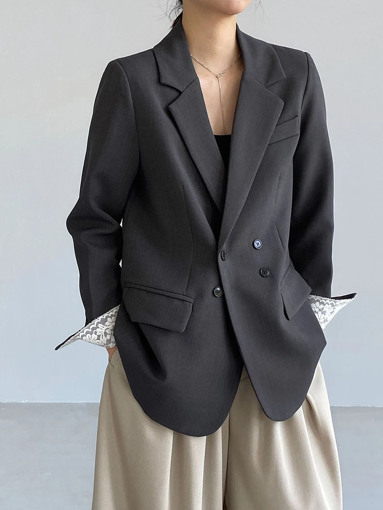 Women Dark Gray Cuff Lace Spliced Big Size Blazer New Lapel Long Sleeve Jacket Fashion Tide Spring Autumn