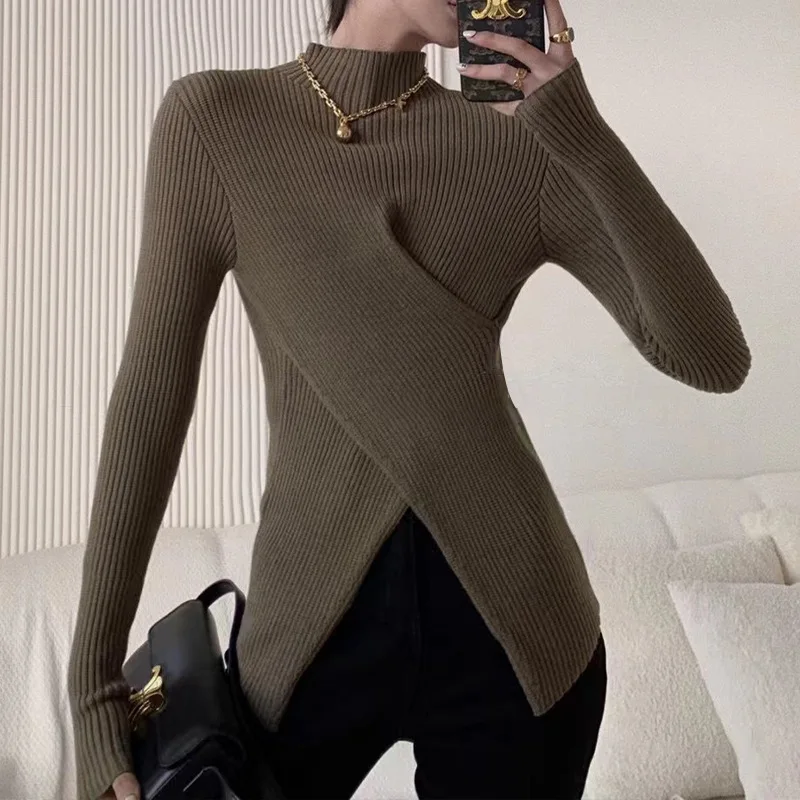 Crriflz Half Turtleneck Knitted Bottoming Top For Women Autumn Winter Slimming Niche Hem Slit Sweater Pullover