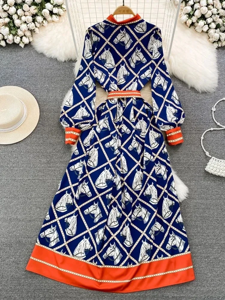 

Fashion Designer Plaid Animal Horse Print Maxi Dress Women Turn Down Collar Bow Lace Up Contrast Color Runway Long Vestido 8695