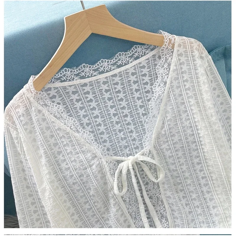 Sheer Lace Cardigan with Lace Trim Tie Front Long Sleeve Crop Top Women Textured Shrug Spring Summer 2026 Shrunken Cardigan