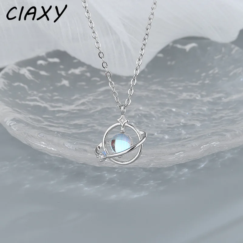 CIAXY Silver Color Moonstone Planet Necklaces for Women Hand Inlaid Zircon Star Pendant Clavicle Chain Choker  Jewelry