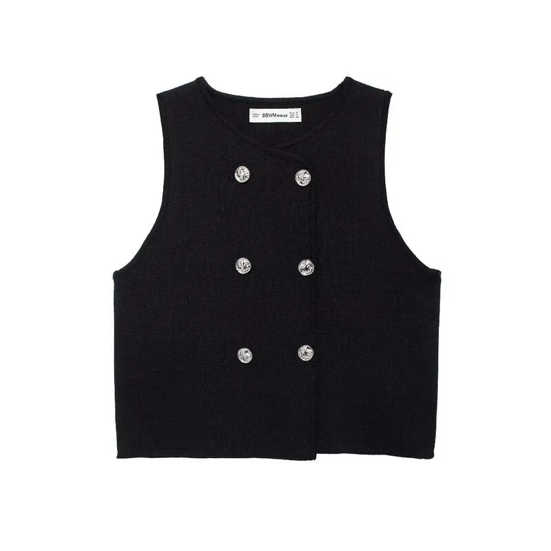 2024 가을 신상 여성 패션 핑크 무지 니트 스웨트 조끼 다용도 스웨트 길이 조절 가능 더블 버튼 클로저