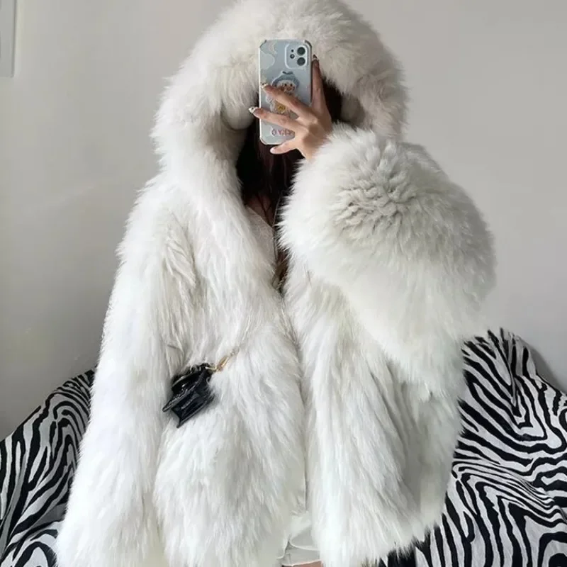 Winter Shaggy Hairy Thick Warm Soft Colored Faux Fur Jacket Women with Hood Bat Sleeved Loose Casual Designer Clothes