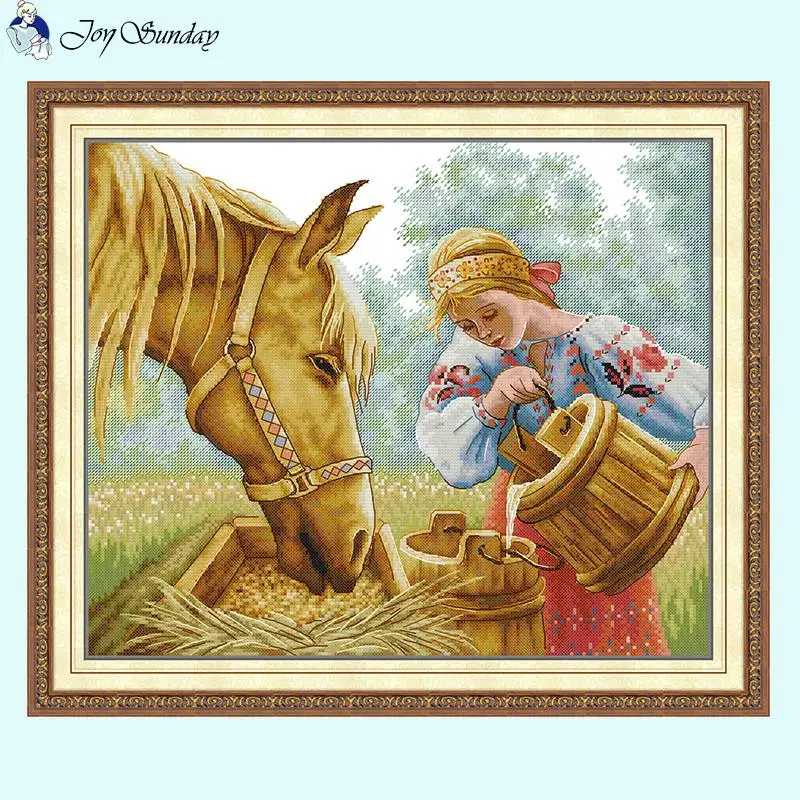 Image of Das Mädchen füttern Pferde Freude Sonntag Kreuzstich-Sets DIY handgefertigt 14 16 11CT weiß gezählt bedruckter Stoff Stickerei Home Decor