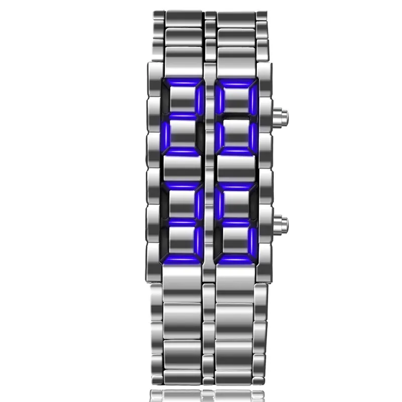 Fashion Silver Full Metal Digital Lava Wrist Watch Men Blue LED Display Mens Watches Gifts for Male Boy Sport Creative Clock