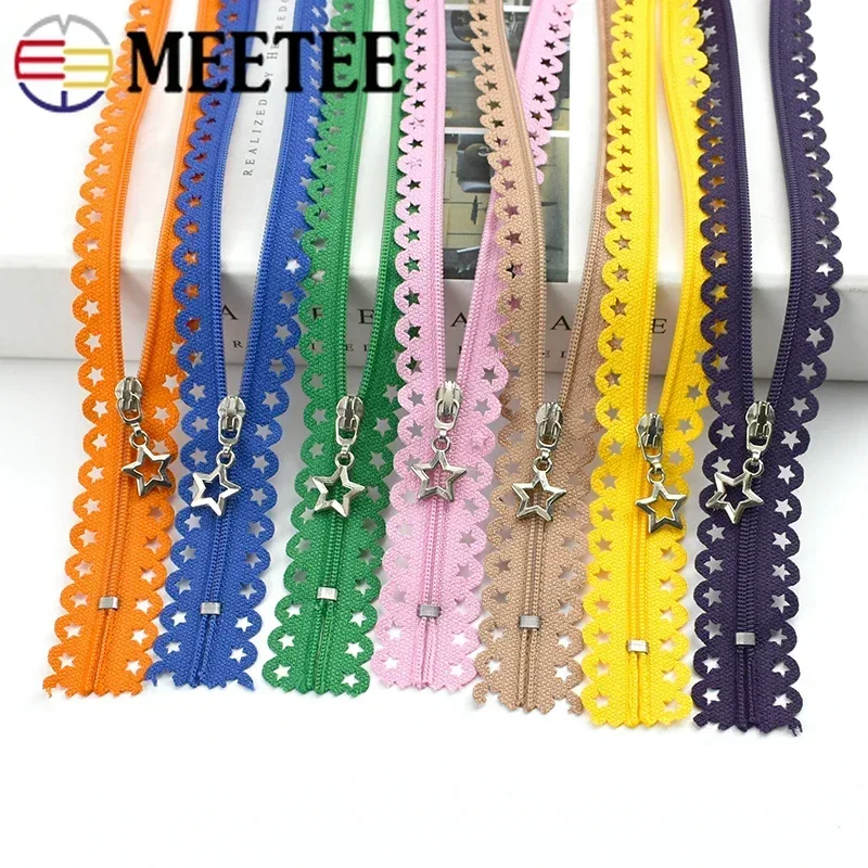 5Pcs 25cm(9.8Inches) 3# Close-End Nylon Zipper Star Slider Lace Decor Colorful Zip DIY Bag Garment Clothes Sewing Accessories