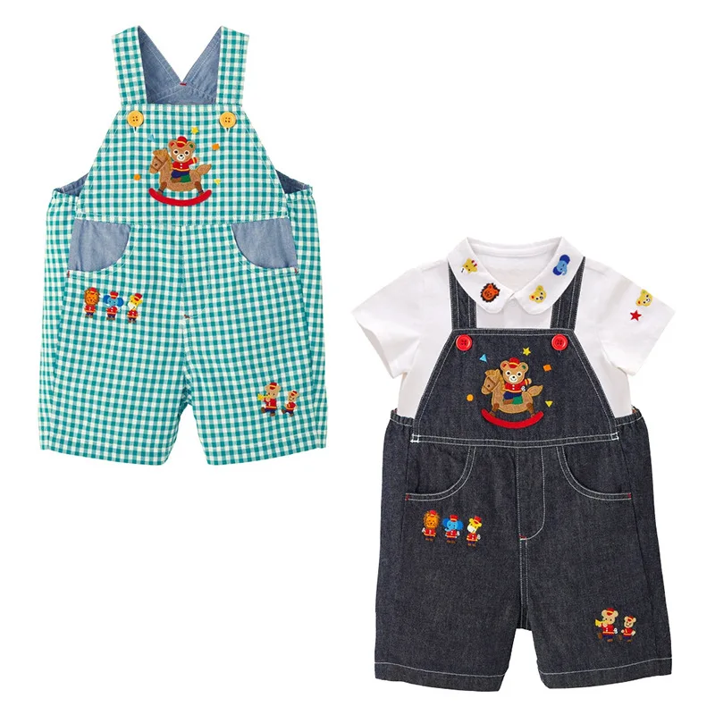 

New Japanese Children's Overalls Casual Pants Cartoon Trojans Bears Embroidered Straps Shorts Jeans Boys Clothes Pantalones