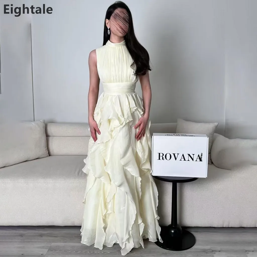

Eightale Modern Cream Evening Dresses Strapless High Neck A-Line Formal Prom Dresses Ruffles Evening Party Gowns Customized