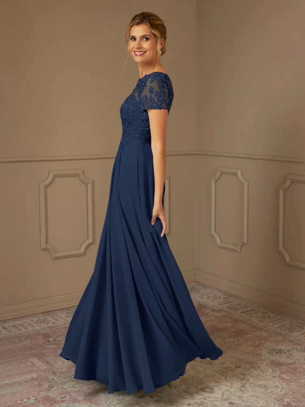 Robe de soirée classique en mousseline de soie, col rond, manches courtes, pour mère de la mariée, pour mariage, gracieuse, avec des appliques en dentelle, pour Rh, modeste