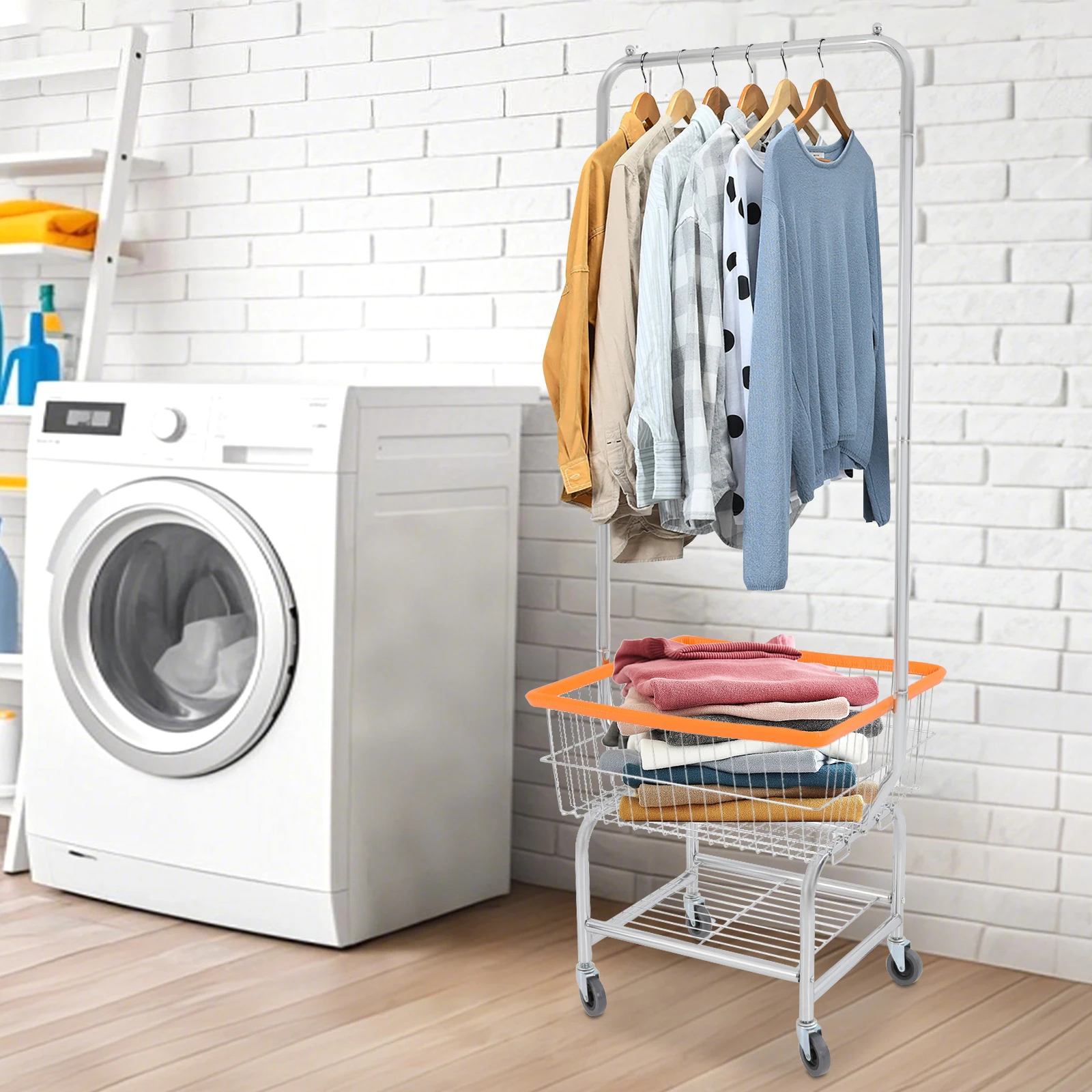 

Large Capacity Clothes Cart Rolling Laundry Cart Laundry Cart with Hanging Rod