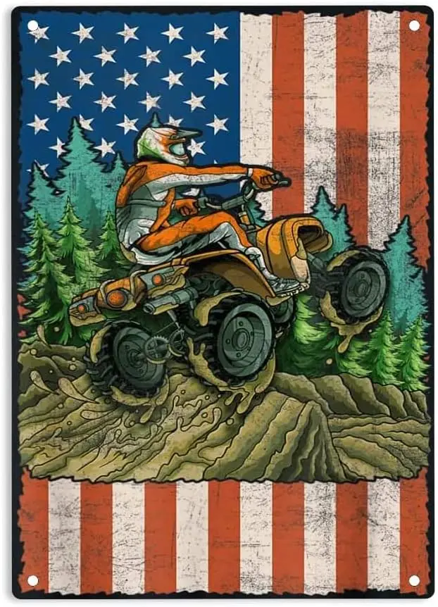 ERMUHEY American Flag Quad Biker Rider Four Wheeler Fun Off Road Sign Metal Tin Signs, Quad Biker Poster for Home/Office/Restaur