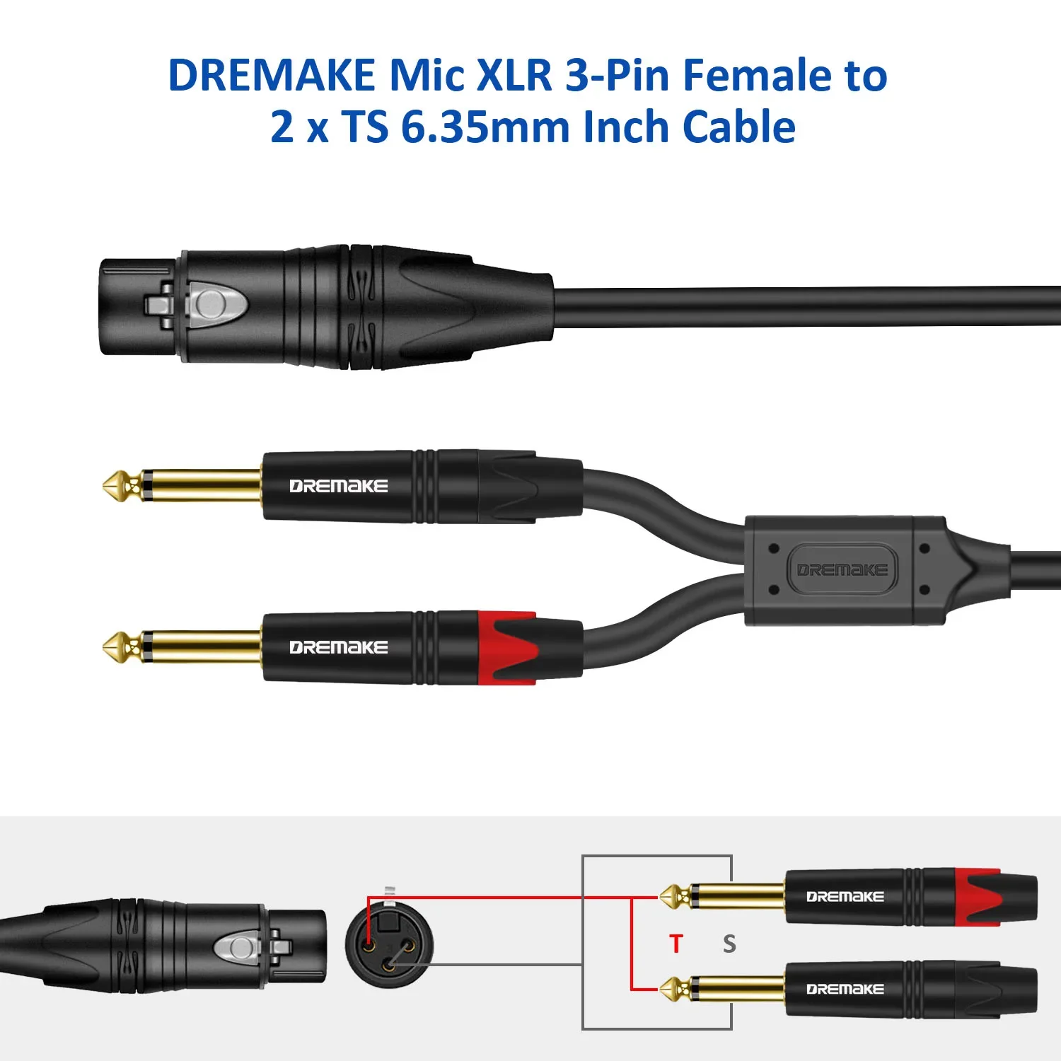 DREMAKE Dual 6.35มม.1/4แจ็ค XLR สายไมโครโฟน2 Mono 6.35มม.ชายหญิง XLR Y splitter Patch สายไฟ XLR ถึง Dual 1/4 Mono