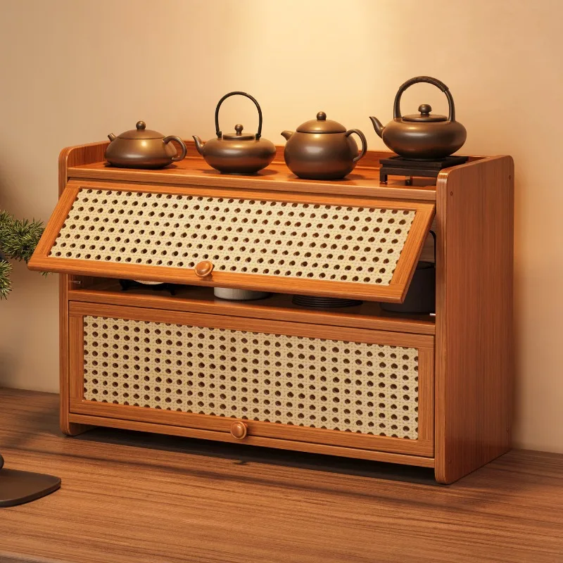 

‌Minimalist Tea Set Display, Dustproof Bamboo Shelf Space-Saving Door Organizer Modern Living Room Storage Case