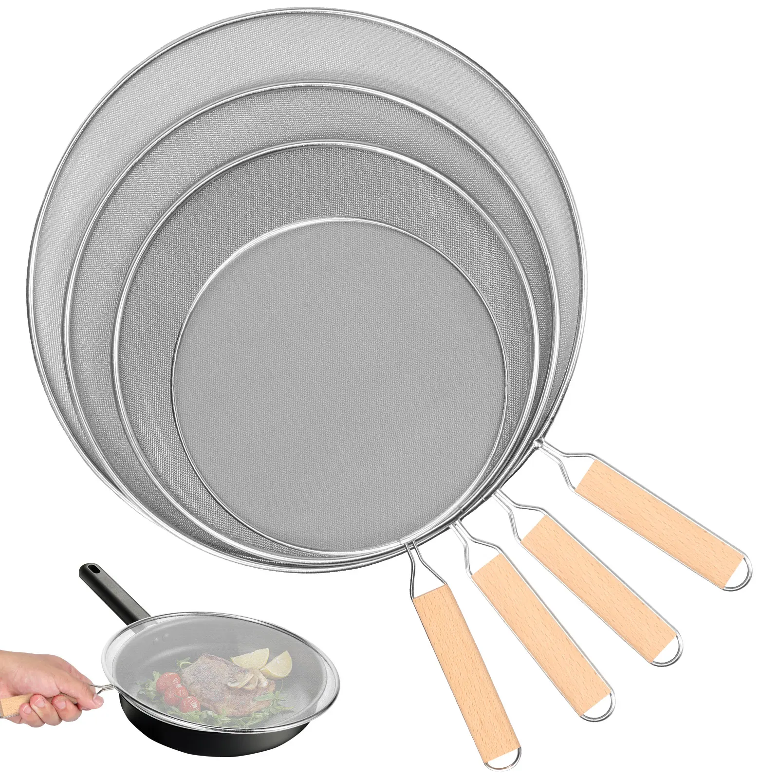 3/4-teiliges Edelstahl-Spritzschutz-Set mit Gitter-Spritzschutz, Holz-/PP-Griff, Ölfestes Sieb und Abtropfbrett für die Küche