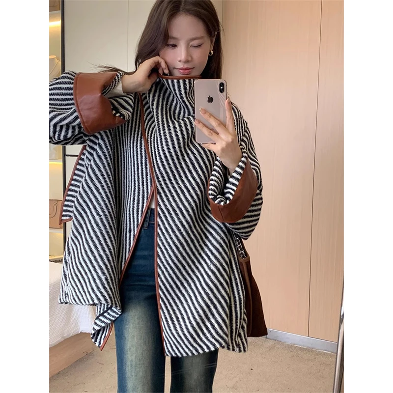 Clothland Women Vintage Striped Woolen Jacket Asymmetrical Collar Long Sleeve Cape Coat Outwear Tops Mujer CB121