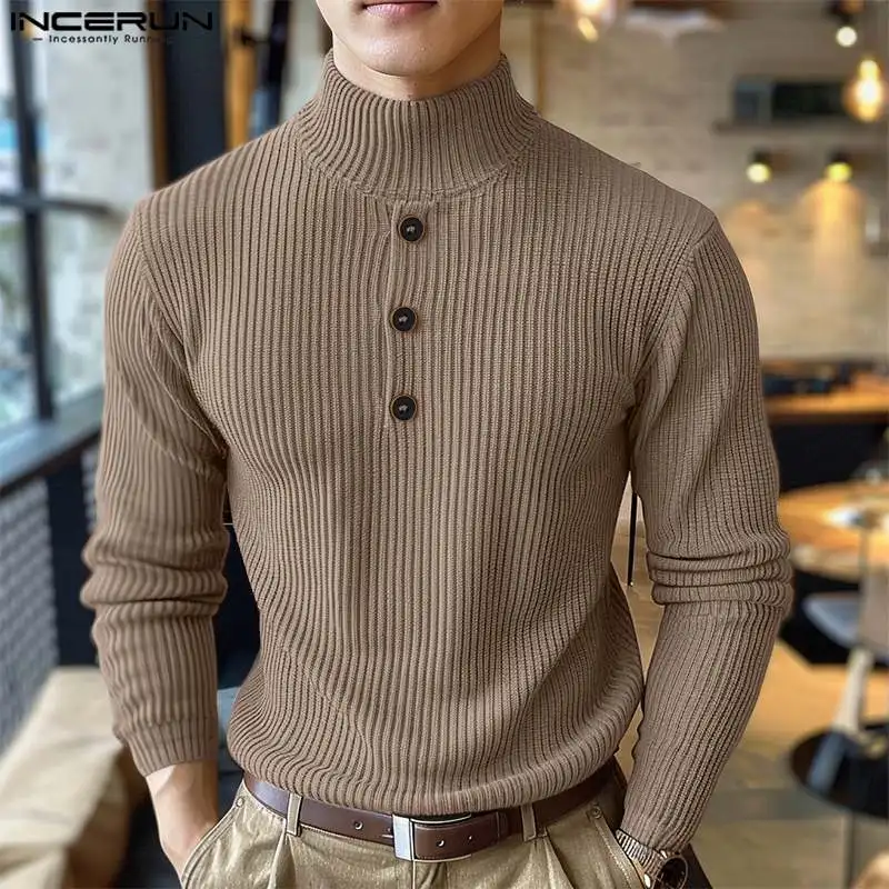 

Handsome Well Fitting Tops INCERUN New Men Solid High Neck Design Pullovers Autumn Wnter Casual Male Long Sleeved Sweaters S-5XL