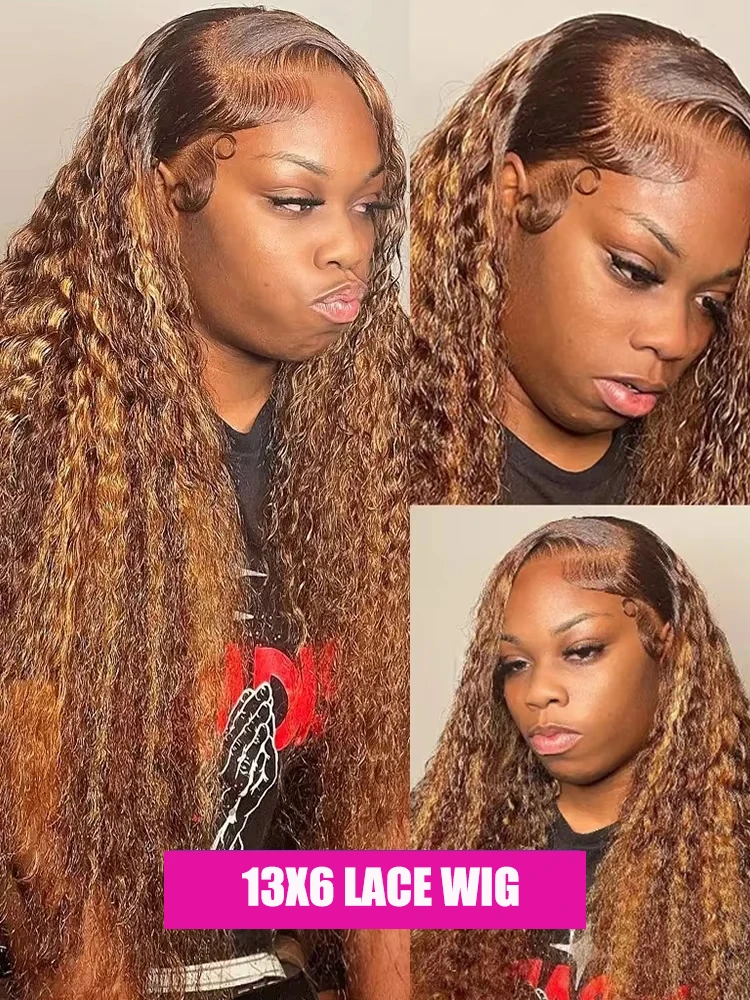 200 밀도 4/27 하이라이트 옴브레 딥 웨이브 프론탈 가발 13x6 HD 레이스 가발 40인치 곱슬 컬러 인모 가발 브라질리언 여성용