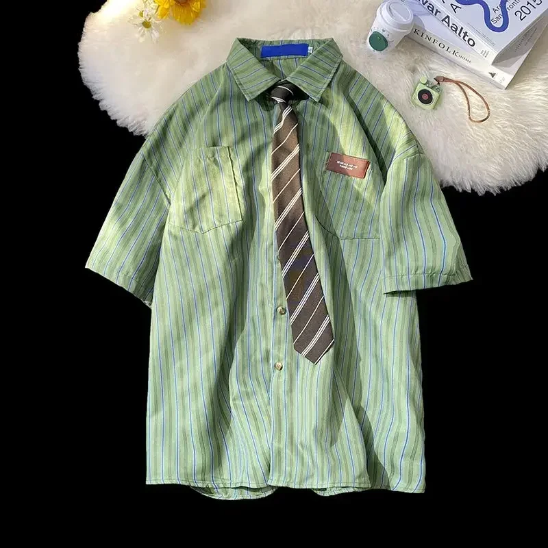 Retro American POLO collar short-sleeved shirt for men and women, summer casual couple versatile loose tie, half-sleeved y2k top