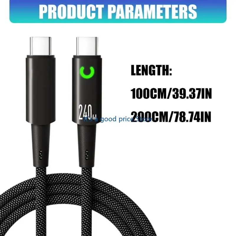 240W Type C to Type C Charging Cable with Fabric Outer Layer, Auto Cutoff, Light for Desk and Office Use