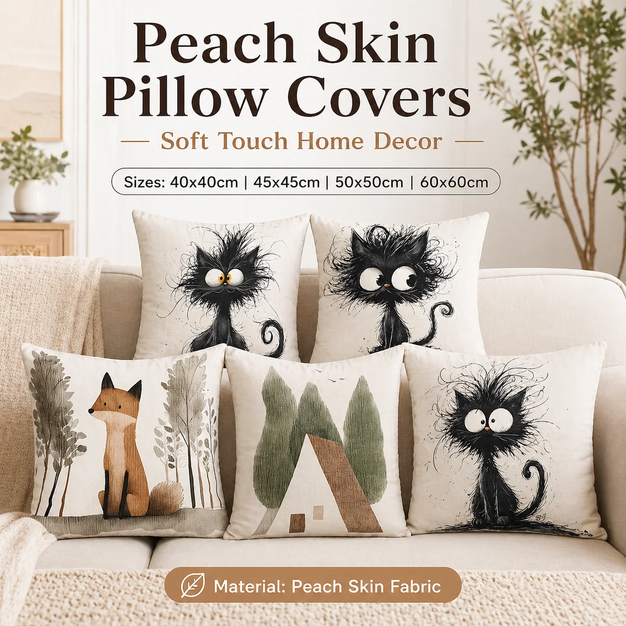 

Funny Messy Hair Black Cat 2D Printed Peach Skin Cushion Cover Cute Animal Throw Pillow Case for Sofa Living Room Decor 45x45cm