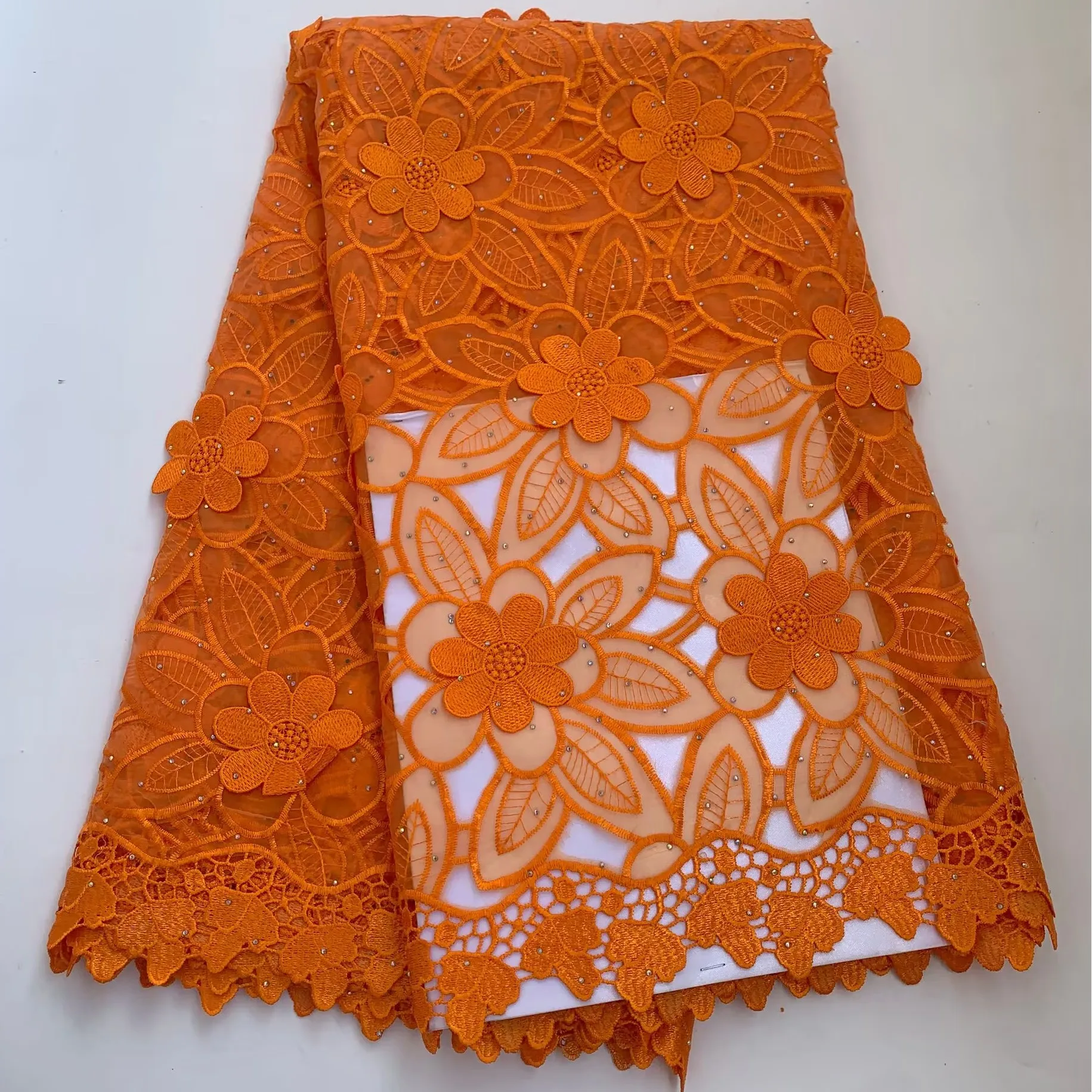 

3D Flower Handcut Organza Lace Fabric High Quality 2025 Embroidered African Stones Luxury Applique Material For Wedding Party