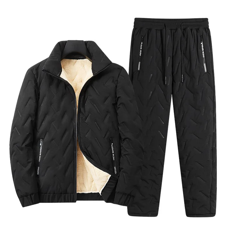 Men's Winter New Arrival Thickened Warm Sherpa Fleece Cotton Padded 2-Piece Set Padded Coat & Padded Pants Full Suit