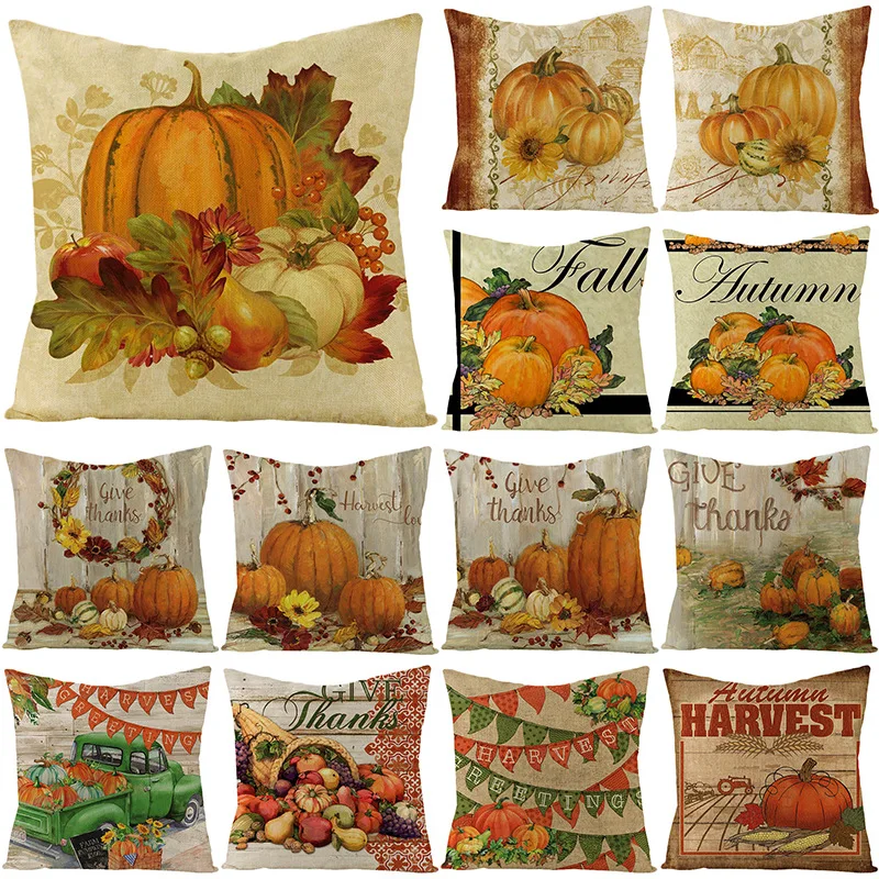 

Fall Thanksgiving Pillow Cover Farmhouse Home Decor Pillowcases Square Linen Cushion Cover Pumpkin Throw Pillow Case funda cojin