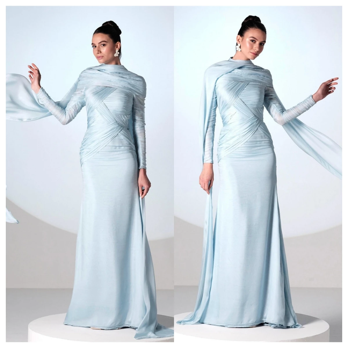 

Customized Classic Blue Jersey Evening Dress O-Neck Long Sleeves Homecoming Dress Special Occasion Gowns Fashion High Quality