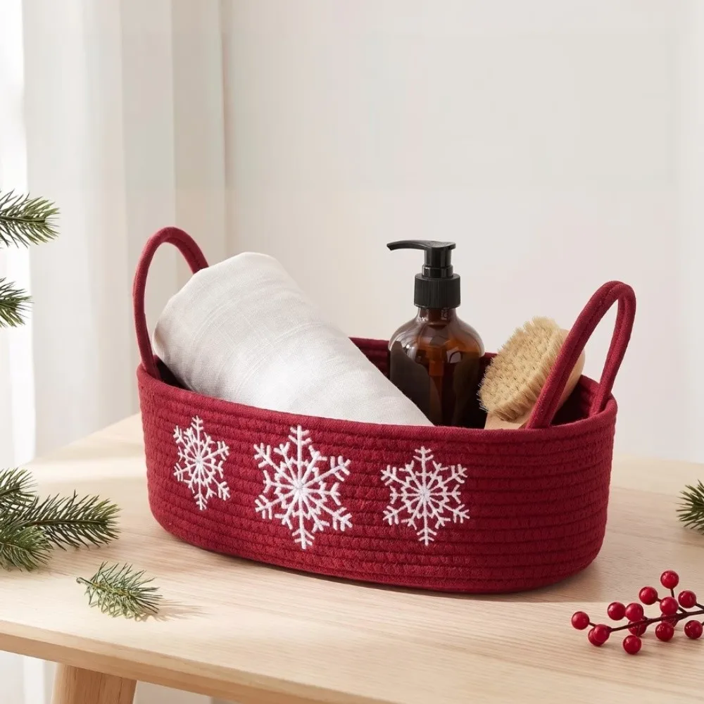 Oval Christmas Snowflake Embroidery Storage Basket Portable Handmade Woven Snacks Storage Organizer With Handle