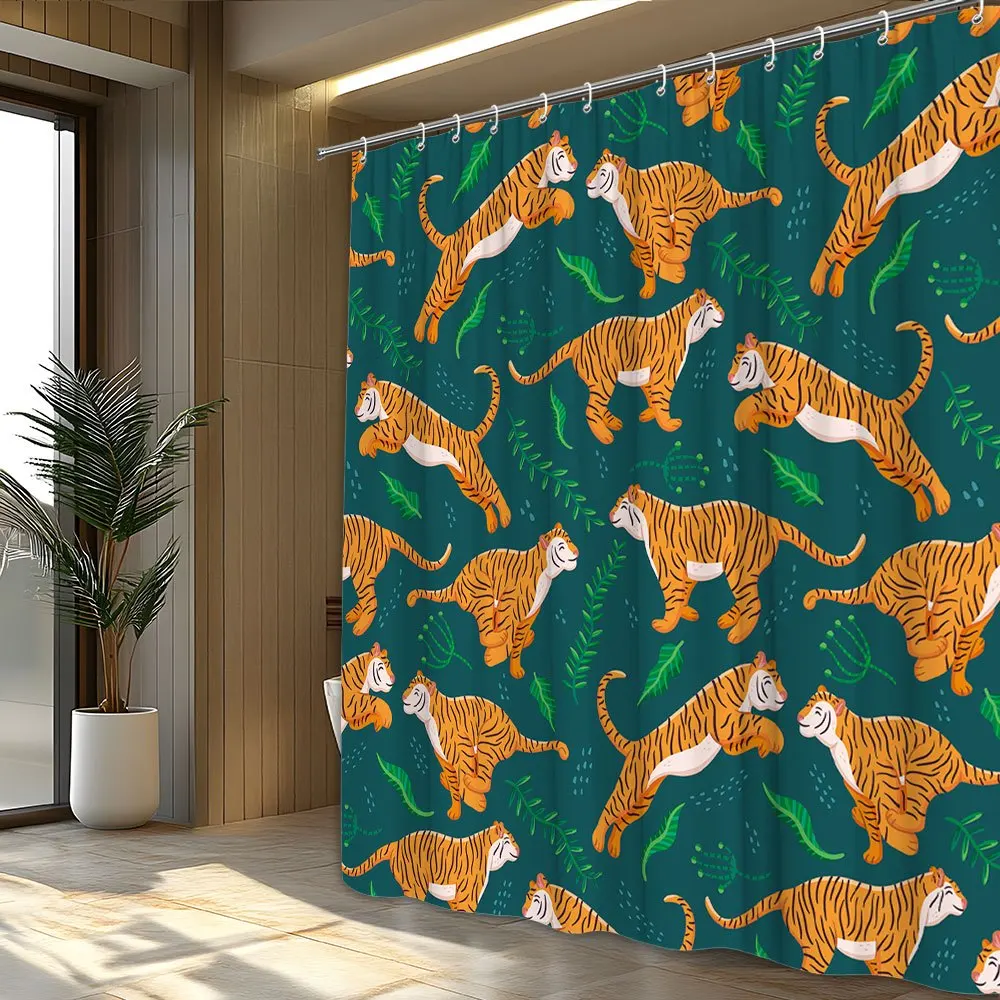 Cute Jungle Tigers Shower Curtain Waterproof Bathroom Decor Tropical Animal Print Curtain 180x180cm Statement Bath Curtain