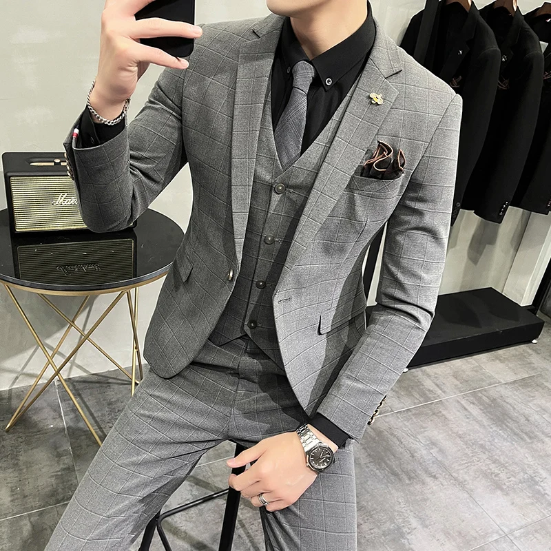 (Blazer+Pants+Vest) Luxury Men Suit 3 Piece Set Fashion Boutique Lattice Groom Wedding Dress Men's Tuxedo Suit