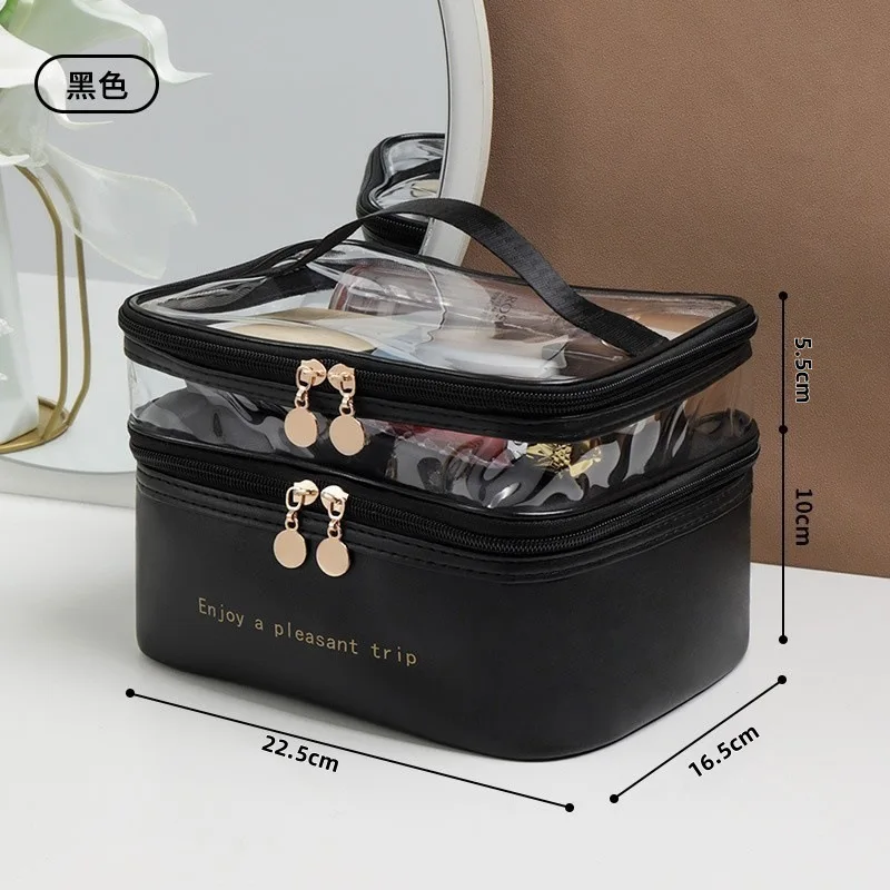Portable Cosmetic Bag Large Capacity Washing Bag Double Transparent PU Makeup Bag Waterproof Travel Toiletry Bag Storage Bag