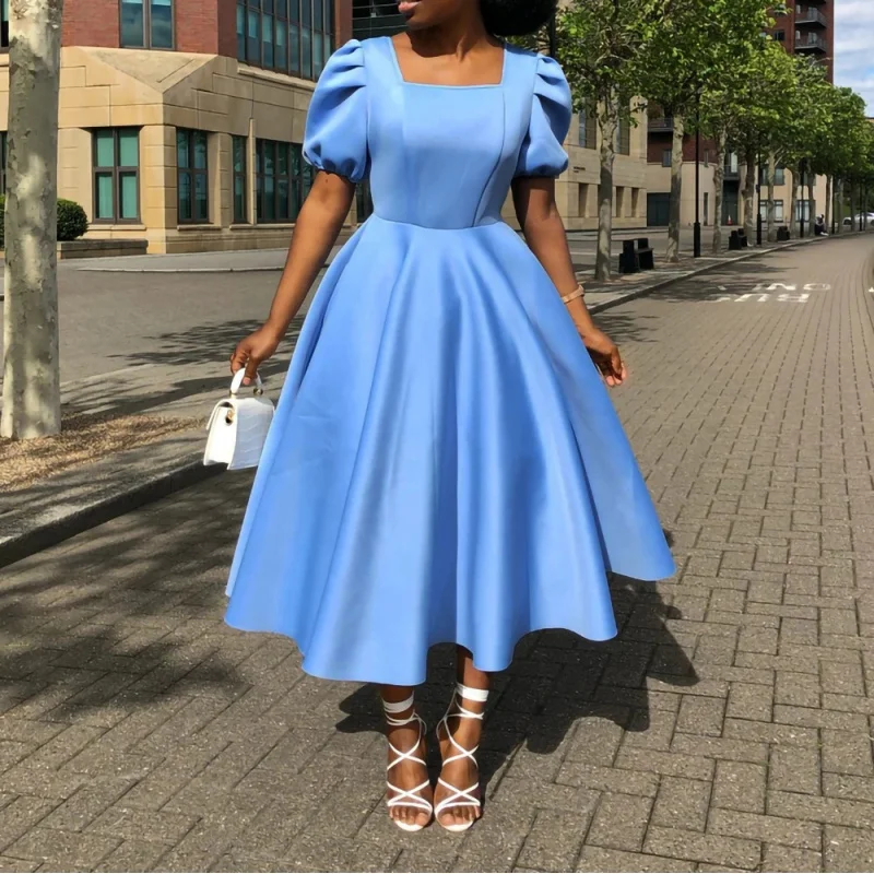 European And American Solid Color Fashion Evening Puff Sleeve Dress2024 Summer New Casual Wearable Dress