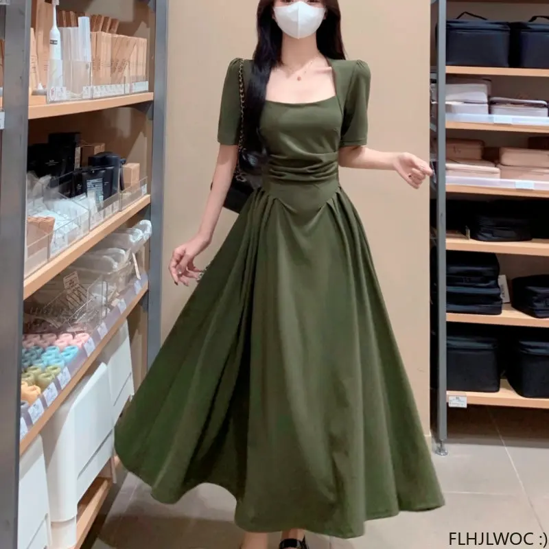 Long Maxi Dresses Elegant Annual Meeting Dress 2023 Women Square Neck Chic French Design Slim Waist Retro Green Dresses Vestidos