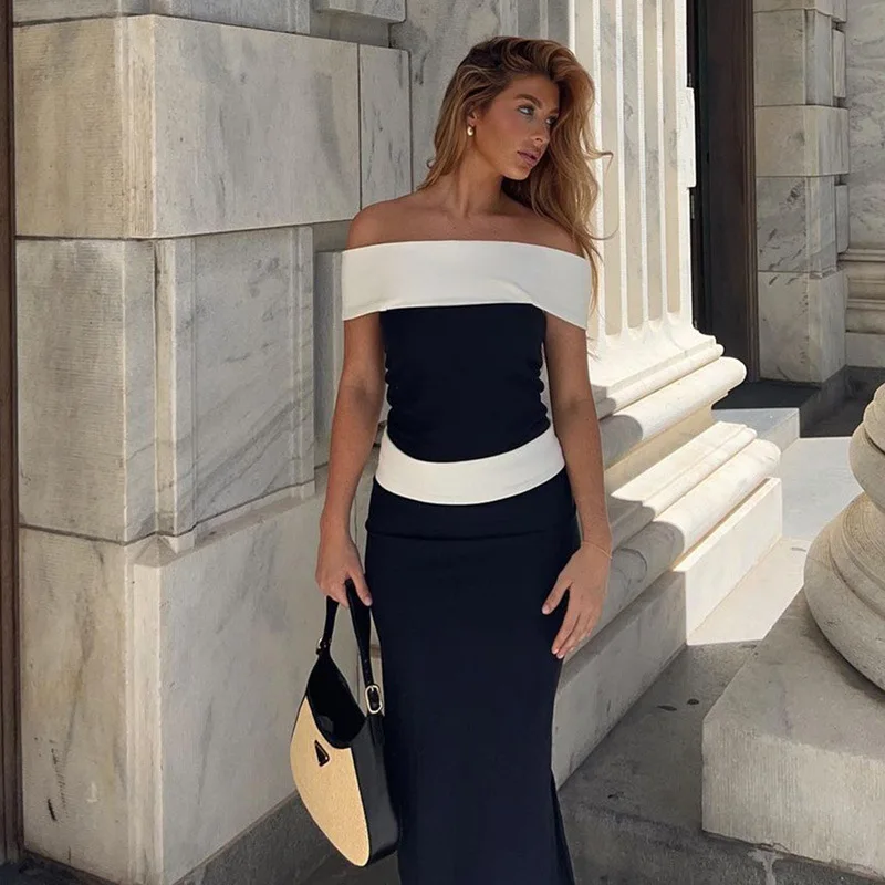 European & American New Arrival Fashion Street Style Color-Blocked Layered Halter Top Short Versatile Off-Shoulder Wrap Top