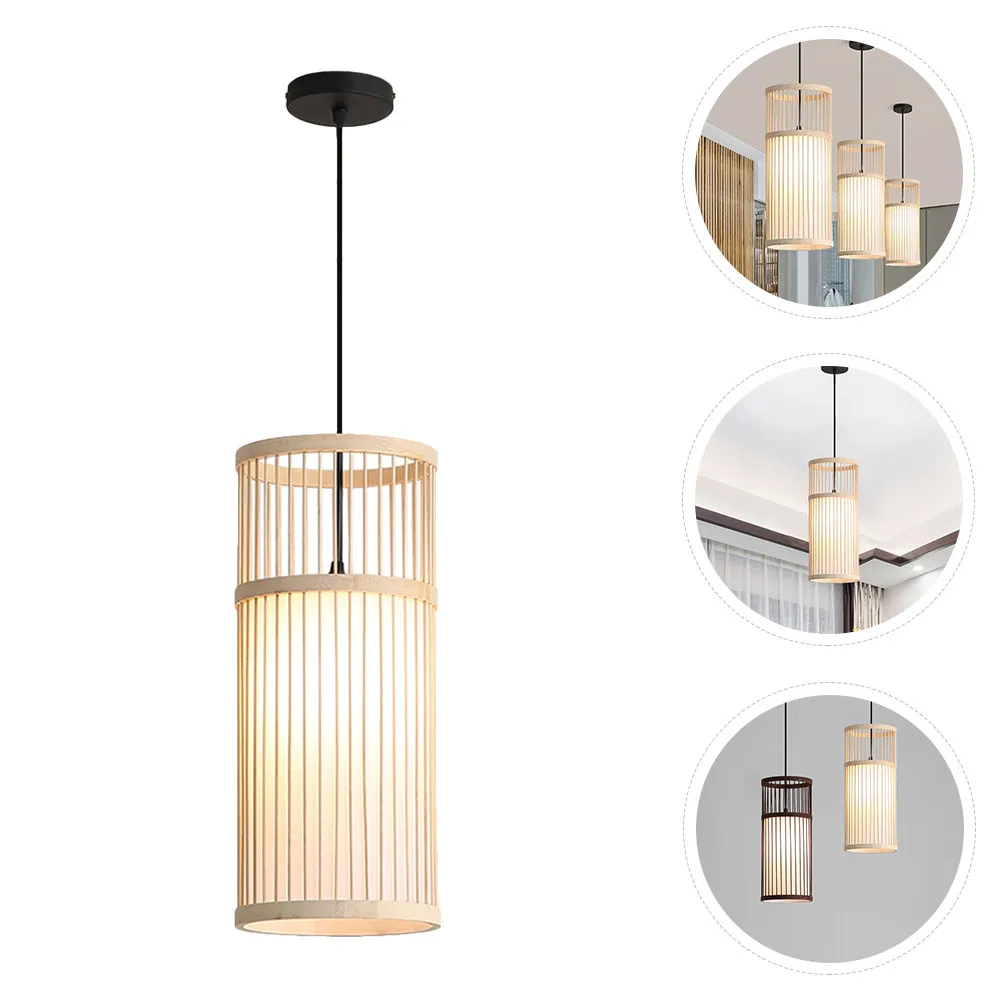 Single-Head Bamboo Chandelier Retro Handmade Woven Bamboo Ceiling Pendant Light Cylinder Hanging Light for Bedroom Tea