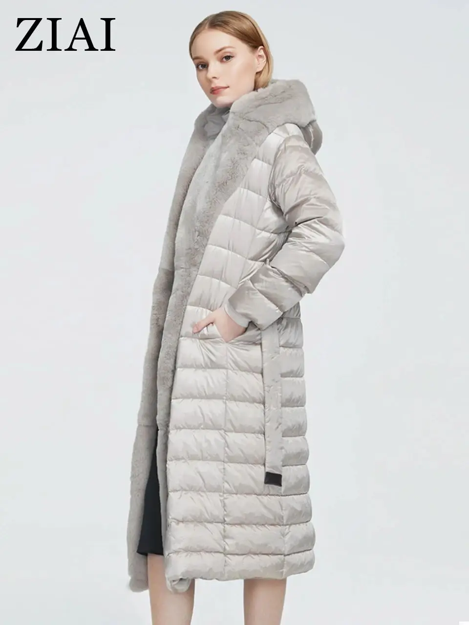 ZIAI 2022 New Winter fashion Women's coat  women long warm Jacket waistband with Rabbit fur Fur collar  AR-7518