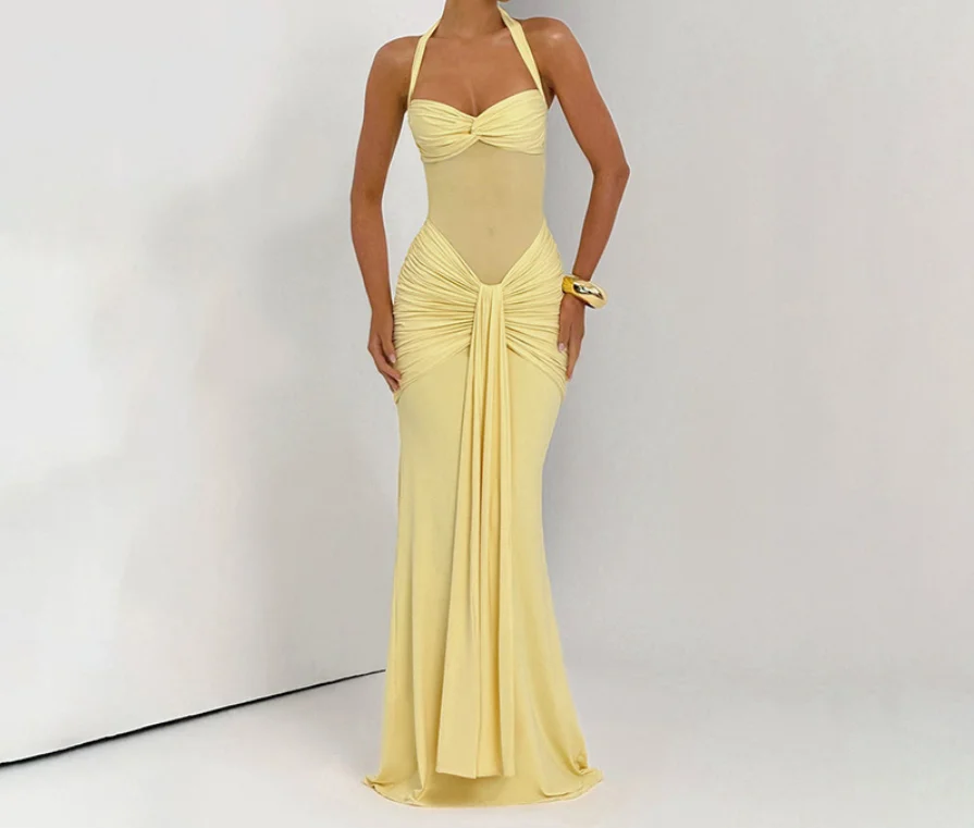 

2026 Elegant Fashion New Women's Hanging Neck Strap Solid Color Mesh Perspective Sexy Drifting Belt Long Dress Female Clothing