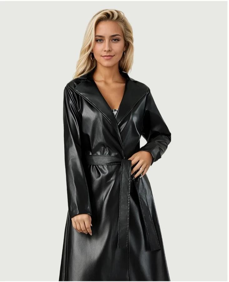 

Women Y2K Faux Leather Trench Coat Long Lapel Loose Fit Bathrobe Style Windbreaker Fashion Jacket