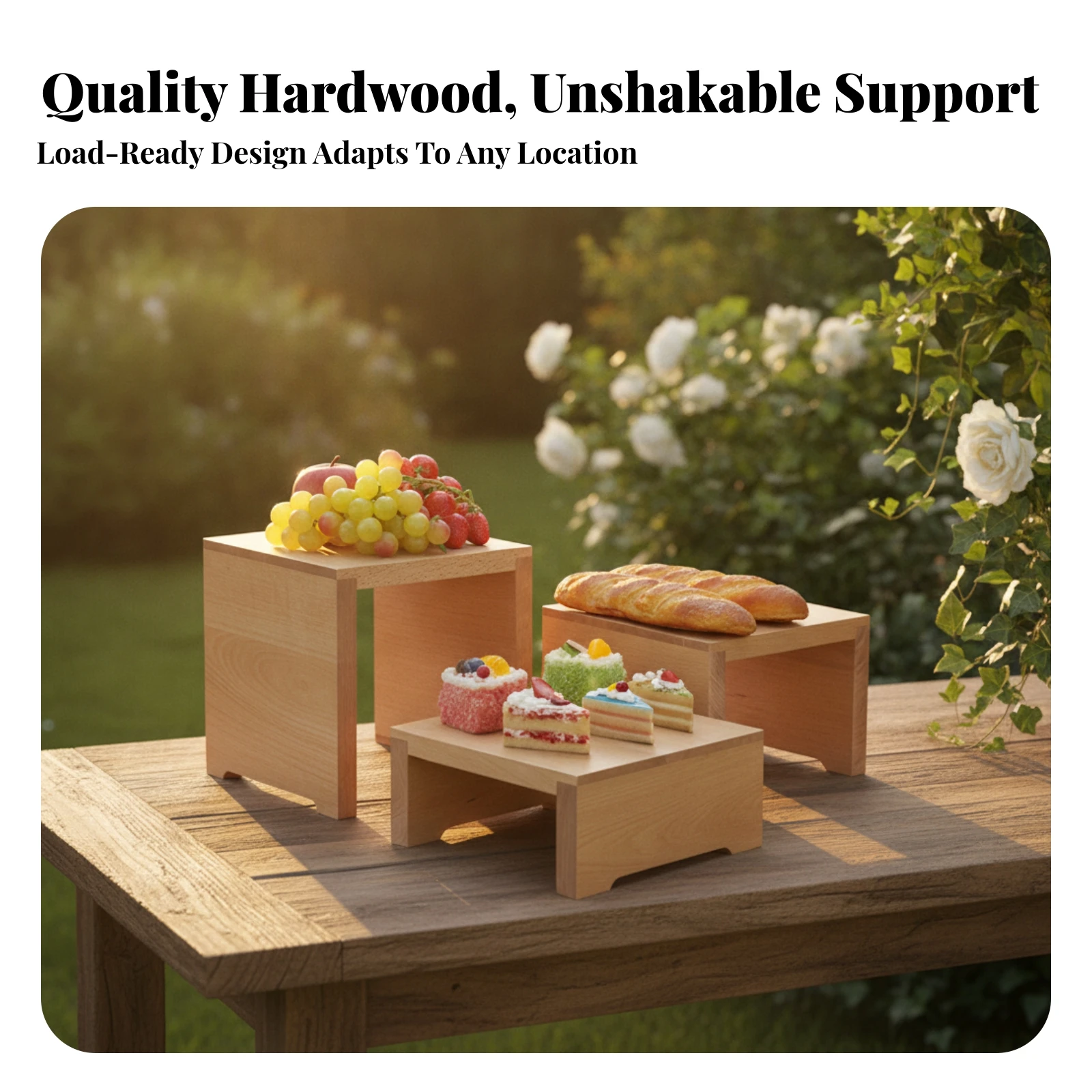3 Pieces Wooden Food Display Riser Elevated Wooden Display Stand Buffet Riser Sturdy Long-Lasting for Caterers, Weddings, Cafes