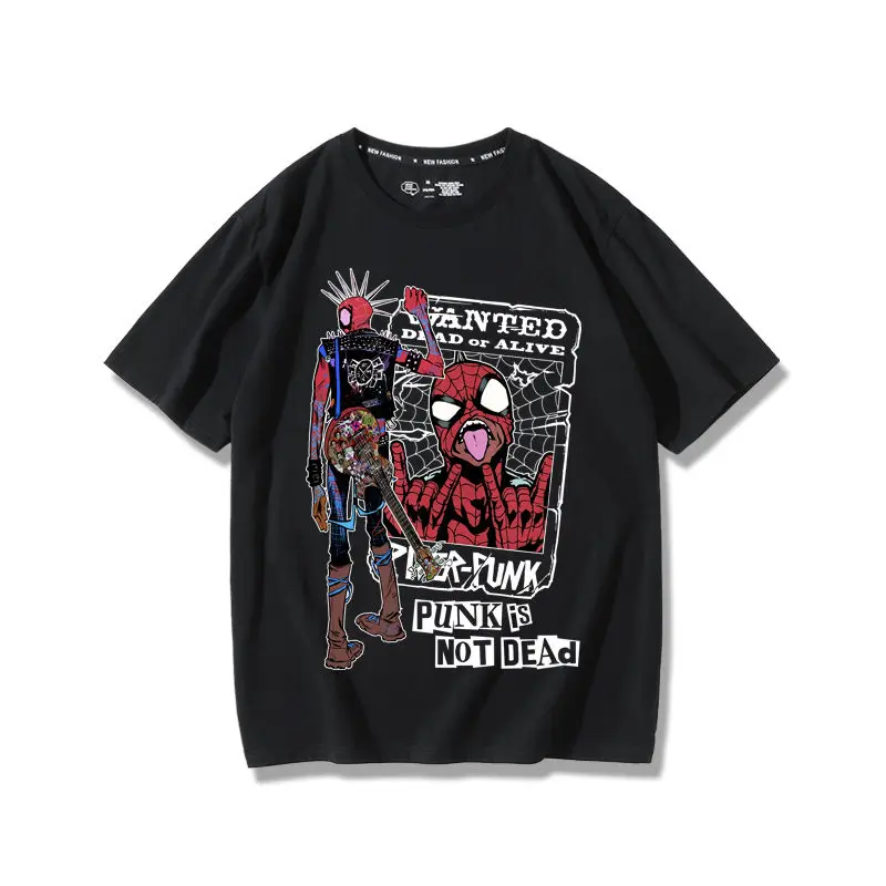 Marvel Anime Creative Punk Spider-Man Fashion Peripheral Trend Printing Men\'s and Women\'s Loose and Versatile Short Sleeves