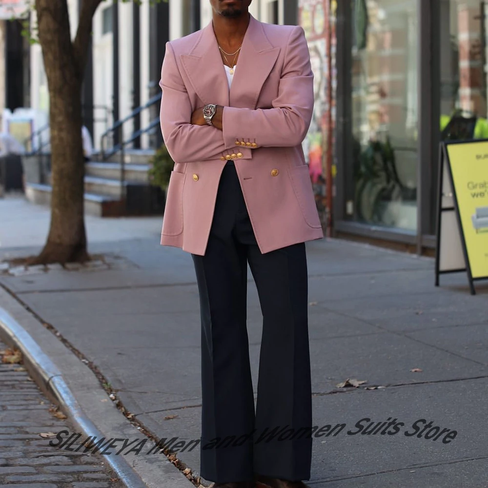

Элегантные мужские костюмы, комплект из 2 предметов, розовый двубортный пиджак с остроконечными лацканами, темно-синие брюки, модная уличная одежда, повседневная офисная одежда