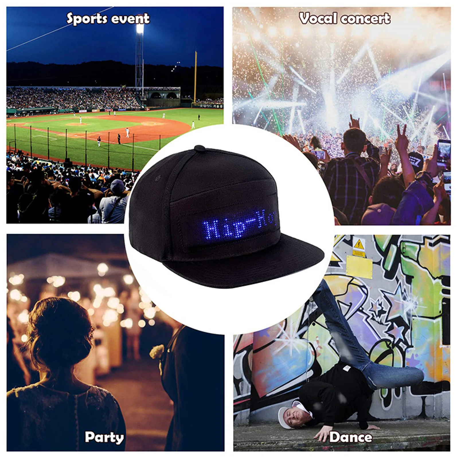 LED Cap Programmable Bluetooth APP Control Editable Colorful LED Hat for Outdoor Concert Carnival Black