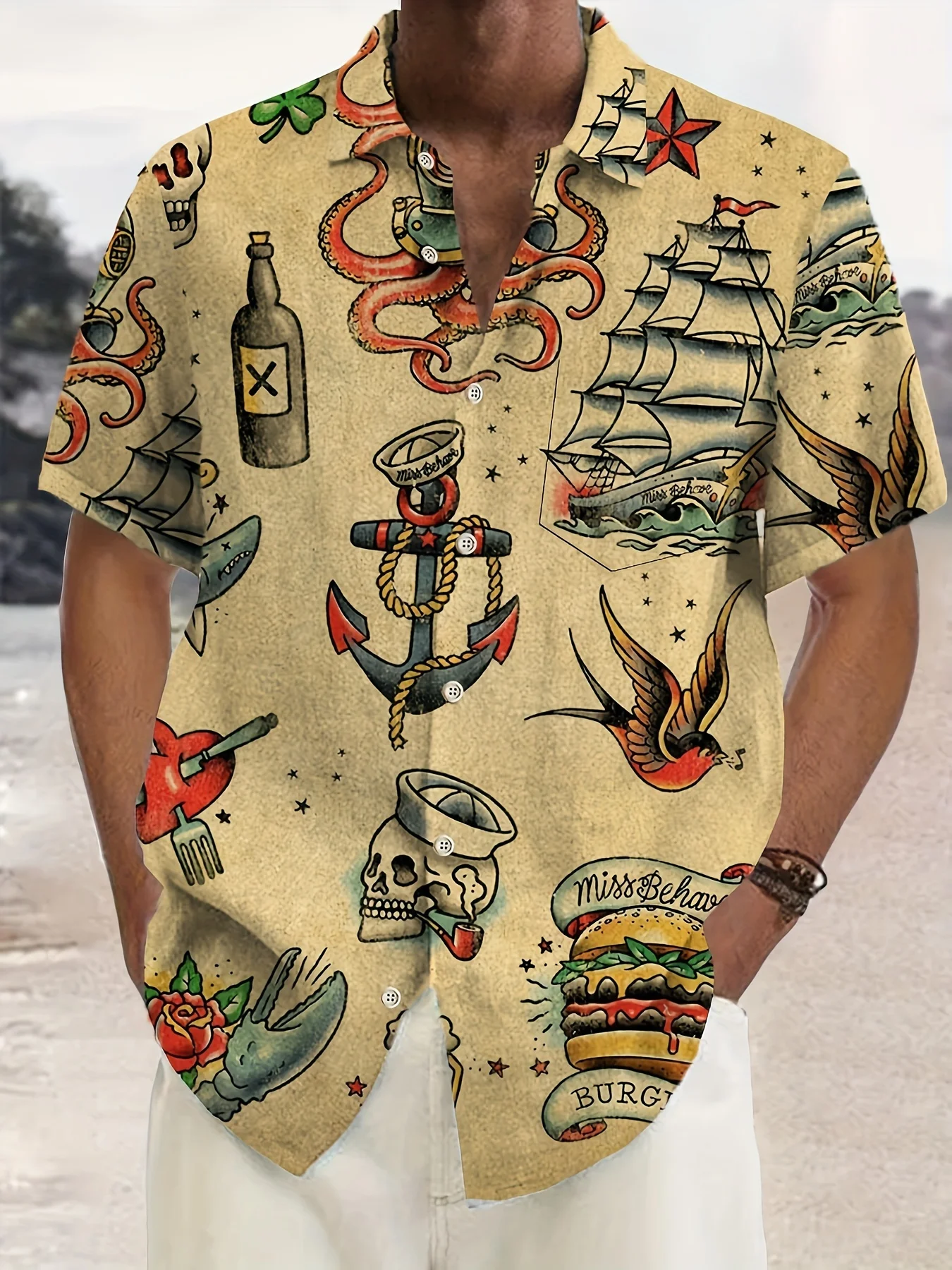 Mens Vintage Sailor Tattoo Octopus Anchor Skull Print Short Sleeve Turn Collar Button Casual Hawaiian Beach Vacation Shirt