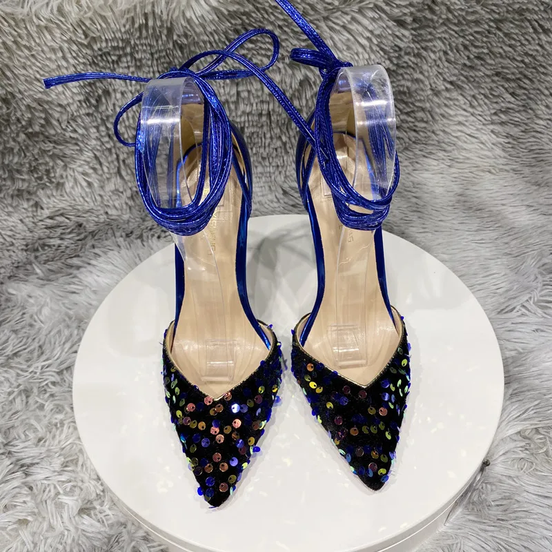 Tikicup Glitter Sequins Women Pointy Toe High Heel Strap Up Leg Shoes Blue White Sexy Ladies Party Stiletto Pumps Plus Size