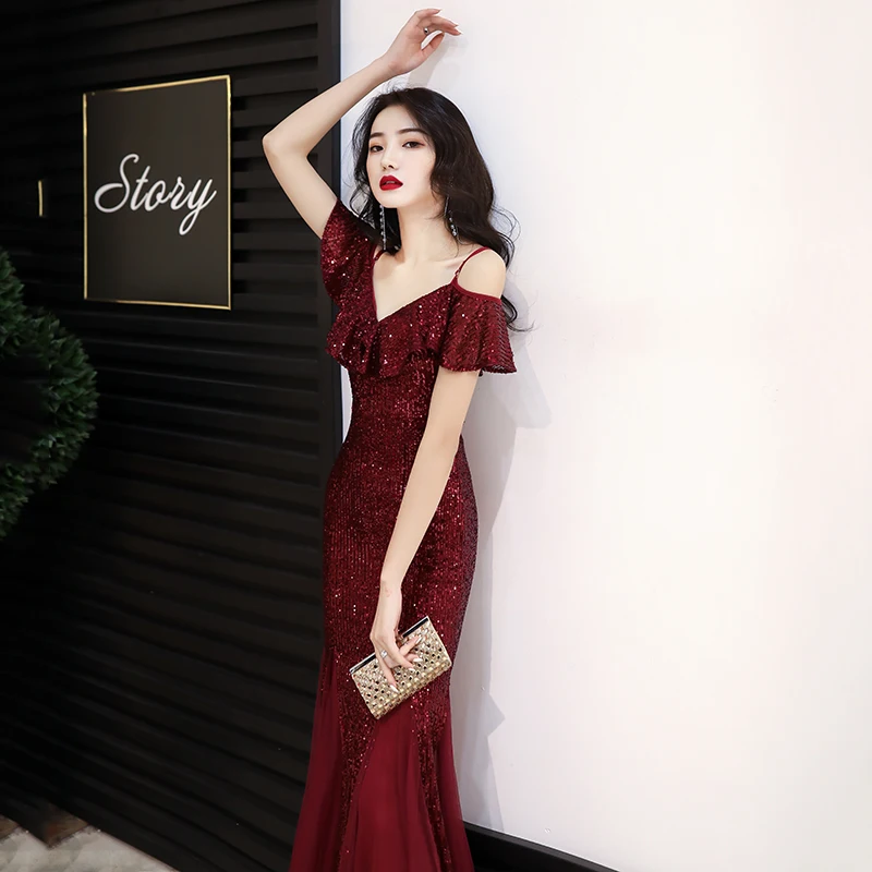 Rotes Ballkleid Sommer Braut Burgund Fischschwanz Abendkleid 2024 neuer hochwertiger One-Shoulder Toast Anzug