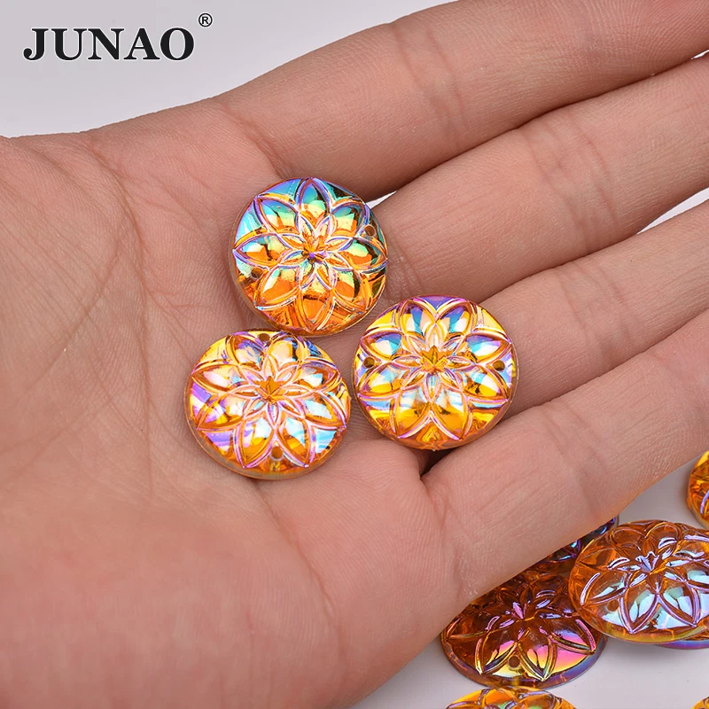 JUNAO 50Pcs 20mm Yellow AB Crystal Sewing Flower Rhinestone Flatback Acrylic Strass Appliques For Clothes Decoration
