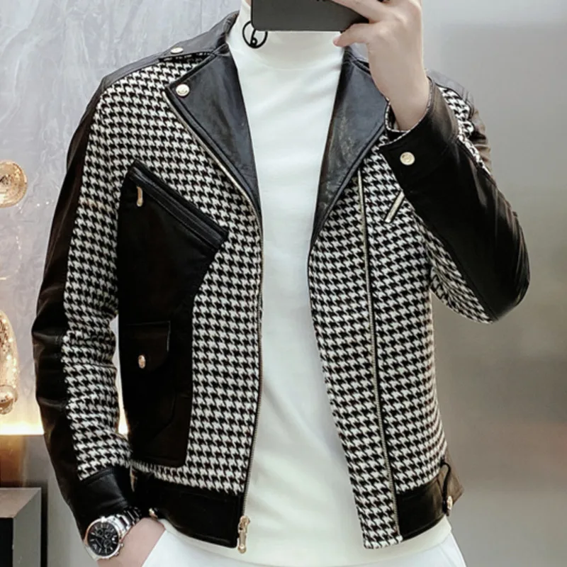 High Quality Faux Leather Stitching Jacket 2023 Autumn Winter Chibird Lattice Print Lapel Jacket Brand Motorcycle Coat Men